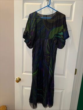 Flowing Black Maxi Dress with Green & Purple Swirl Print